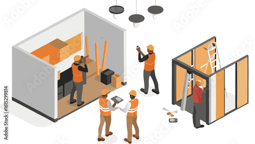 Isometric view of construction workers building an interior with a ladder and tools present here now