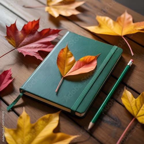 A Green Notebook with Autumn Leaves and Heart