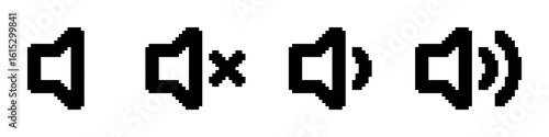Volume pixel icons set. Black volume sound, speaker, loudspeaker, mute and unmute volume sound. Pixel art.