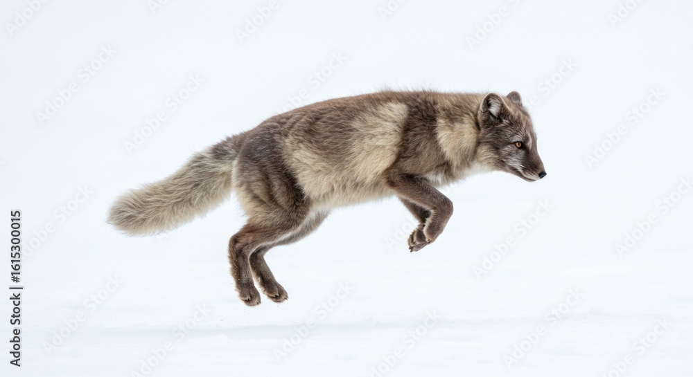 Naklejka premium Arctic fox leaping with agility over the pristine winter landscape backdrop during hunt