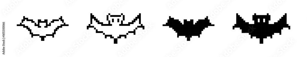 Black bat pixel icons set. Halloween symbol for holiday horror night. Flying vampire bat. Pixel art. Black bat pixel icons set. Halloween symbol for holiday horror night. Flying vampire bat. Pixel art.