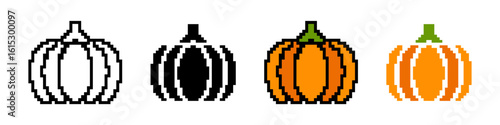 Pumpkin pixel icons set. The main symbol of the Happy Halloween holiday. Pixel art.