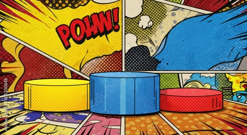 Vibrant comic book backdrop with layered podiums and dynamic pop art effects