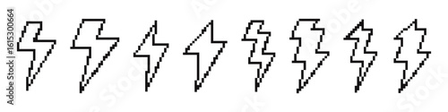 Lightning bolt pixel icons set. Thunderbolt, flash, electric power, energy symbol. Pixel art.