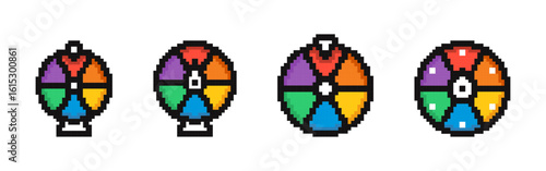 Wheel of fortune pixel icons set. Roulette, lottery, casino or gambling symbol. Pixel art.
