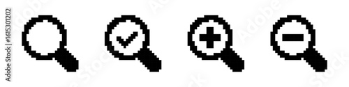 Magnifying glass pixel icons set. Zoom, loupe, search, check, magnifier symbol. Pixel art.