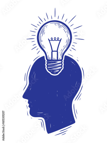 A stylized illustration of a human head silhouette with a glowing light bulb emerging from the top, symbolizing a new idea or inspiration.