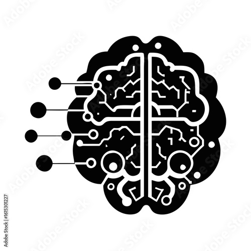 Digital brain icon with connected circuit nodes-Black and white icon of a stylized brain featuring internal circuits and external connection points, symbolizing AI, tech, and digital intelligence.