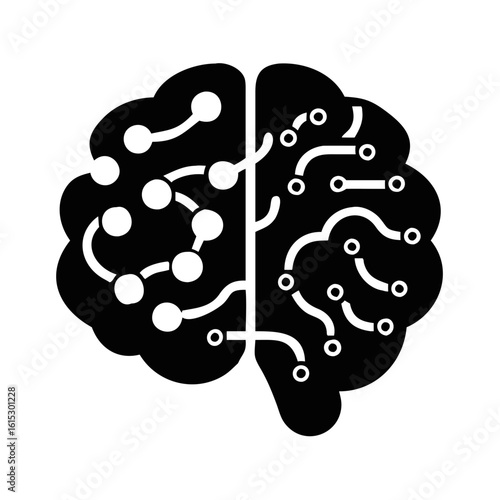 Tech brain icon with neural circuit design-Black silhouette of a brain divided into abstract circuit and network patterns, representing artificial intelligence, neural networks, and technology.