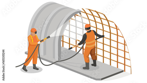 Two workers in orange suits pressure washing a curved structure and a wire grid structure