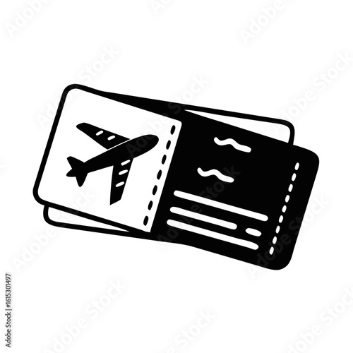 Black and White Airplane Ticket Illustration-Minimalist vector graphic of two airline tickets featuring a plane icon, representing travel, booking, and flight-related services.