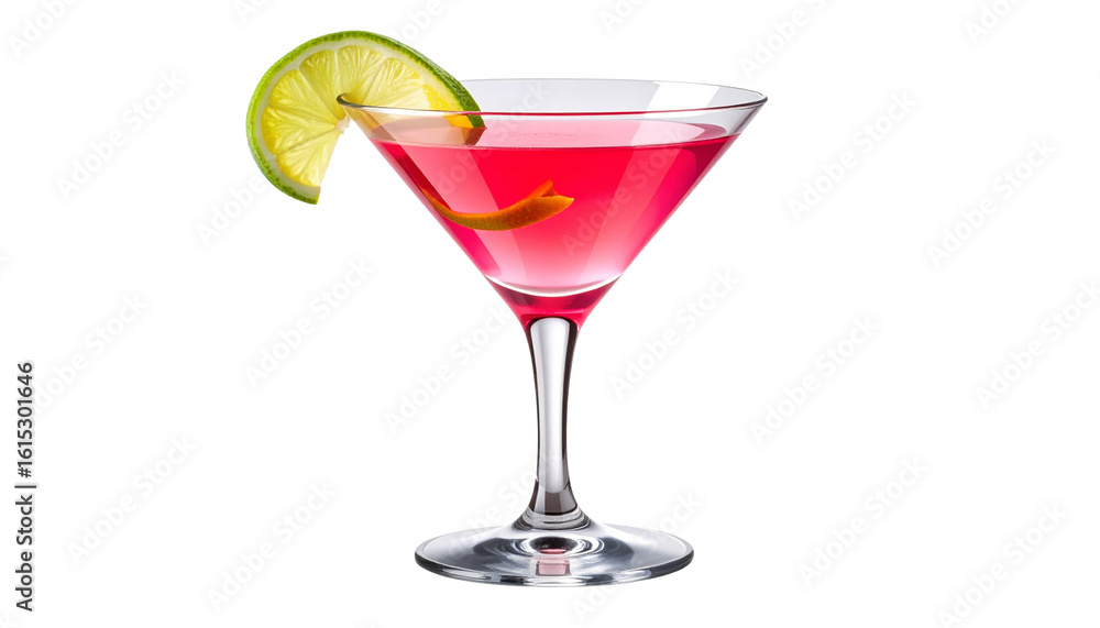 Classic Cosmopolitan cocktail served in a sleek martini glass with a vibrant pink hue, garnished with a stylishly twisted lime peel, fully isolated on a transparent PNG background. Classic Cosmopolitan cocktail served in a sleek martini glass with a vibrant pink hue, garnished with a stylishly twisted lime peel, fully isolated on a transparent PNG background.