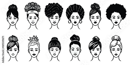 Collection of diverse women s faces featuring various updo hairstyles in black and white sketch style