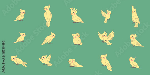 Cackatoo Parrot Bird Cartoon Character. Funny Cute Doodle Bird Icon. Exotic Mascot Outline Design. Baby Kid Nursery Room Decoration. Positive Kawaii Adorable Cartoon Character Portrait	