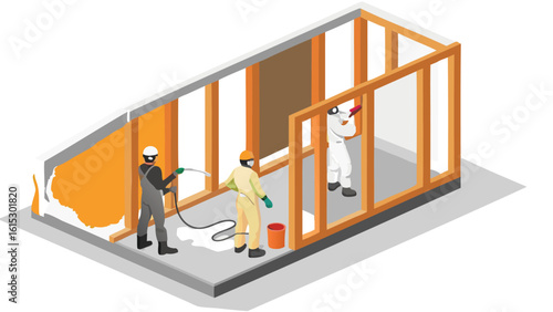 Workers insulating a building frame with spray foam and painting walls in a construction site scene