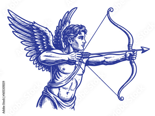 A winged figure, resembling Cupid, aims a bow and arrow with intense focus, ready to shoot.