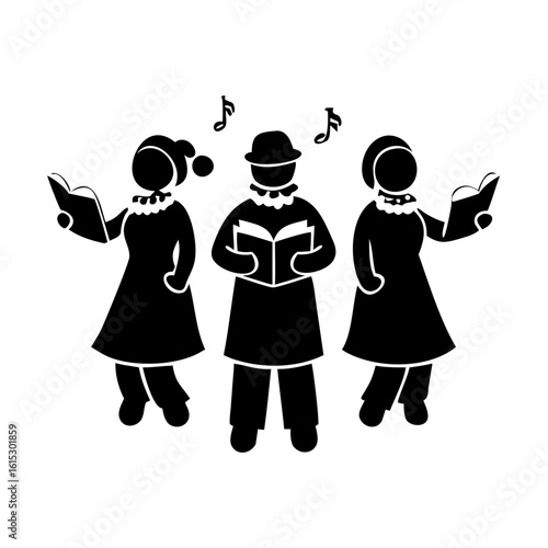 Christmas carolers singing festive songs icon-Black and white silhouette illustration of three people singing from songbooks with musical notes, representing holiday caroling and tradition.