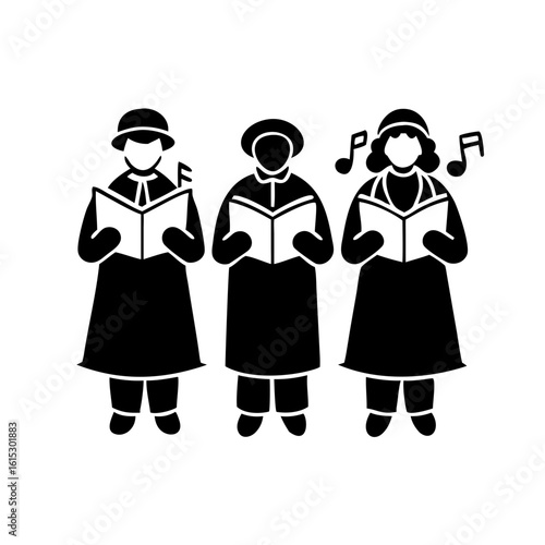 Christmas carol singers silhouette icon-Black and white illustration of three people singing carols with music notes and songbooks, symbolizing holiday tradition and festivity.