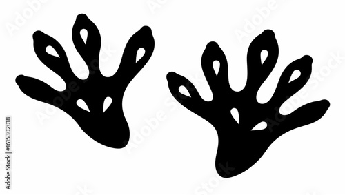 Two black animal tracks with five toes each against a white background in a graphic illustration style silhouette