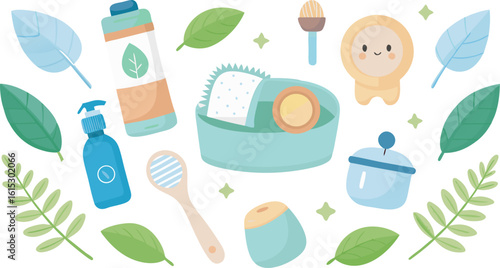 Cute kawaii skincare and beauty products with leaves and sparkles illustration