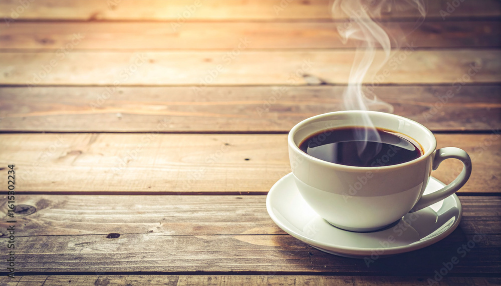 Obraz premium the scene features a cup of dark liquid on a matching saucer. the cup sits on a surface made of horizontal planks. vapor rises gently from the cup