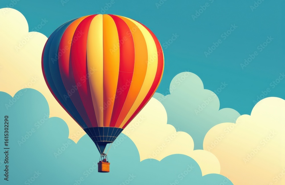 Fototapeta premium Colorful hot air balloon floating in bright sky with fluffy clouds creating a cheerful atmosphere