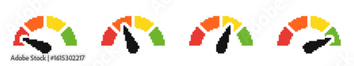 Speedometer pixel icons set. Speed indicator, Internet or car speed. Pixel art.
