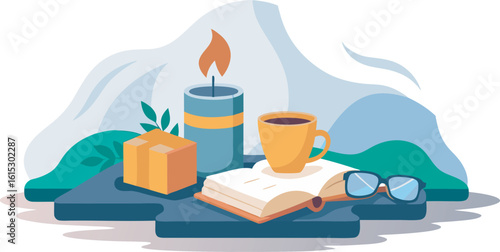 Open book with coffee cup lit candle and eyeglasses on table with abstract background reading