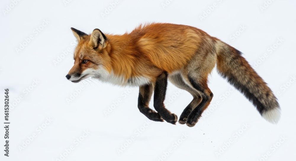Obraz premium Fox in Motion: A Red Fox Leaping Through a Pristine White Snowscape Setting