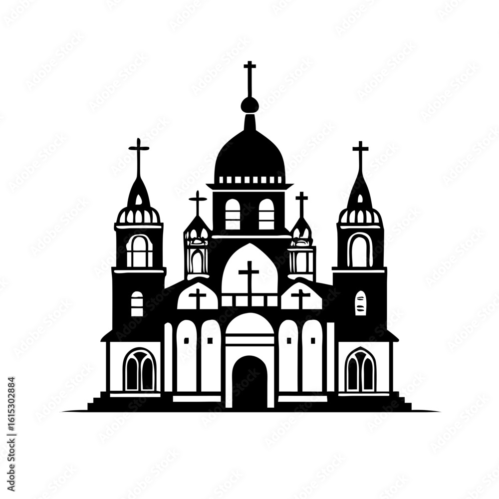 Fototapeta premium Orthodox church building icon with domes and crosses-Black and white illustration of an Orthodox-style church featuring multiple domes, crosses, arched windows, and ornate architectural details, symb