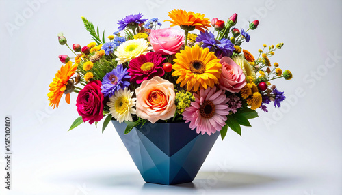 a bright, overflowing bouquet of various flowers sits in a dark blue vase on a neutral background. the arrangement includes roses, gerbera daisies, and other blossoms in an array of colors