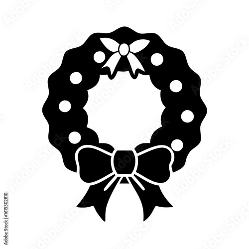 Christmas wreath icon with top and bottom bows-Black and white silhouette of a festive Christmas wreath adorned with round ornaments, a bow at the top, and a larger bow at the bottom, symbolizing hol