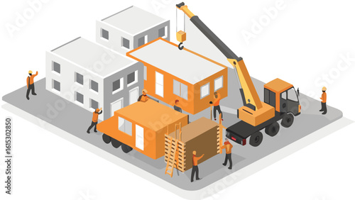 Isometric view of construction site with crane lifting modular home sections and workers around it