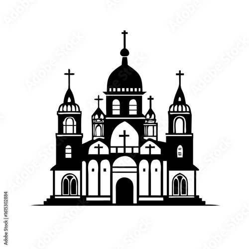 Wallpaper Mural Orthodox church building icon with domes and crosses-Black and white illustration of an Orthodox-style church featuring multiple domes, crosses, arched windows, and ornate architectural details, symb Torontodigital.ca