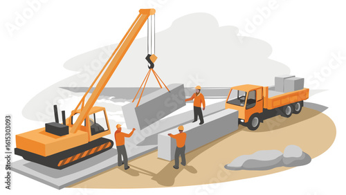 Construction site scene depicting workers using a crane to move large concrete blocks onto a truck bed