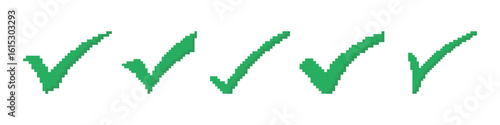Check mark pixel icons set. Quality and approval check symbol collection. Pixel art.