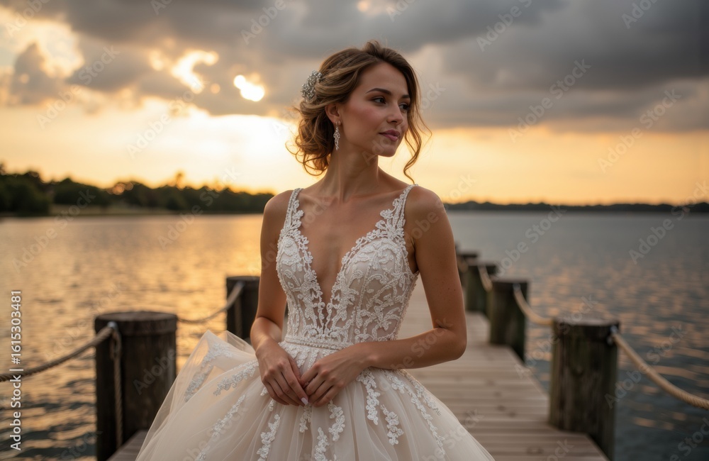 Woman in wedding dress standing on dock at sunset Woman in wedding dress standing on dock at sunset