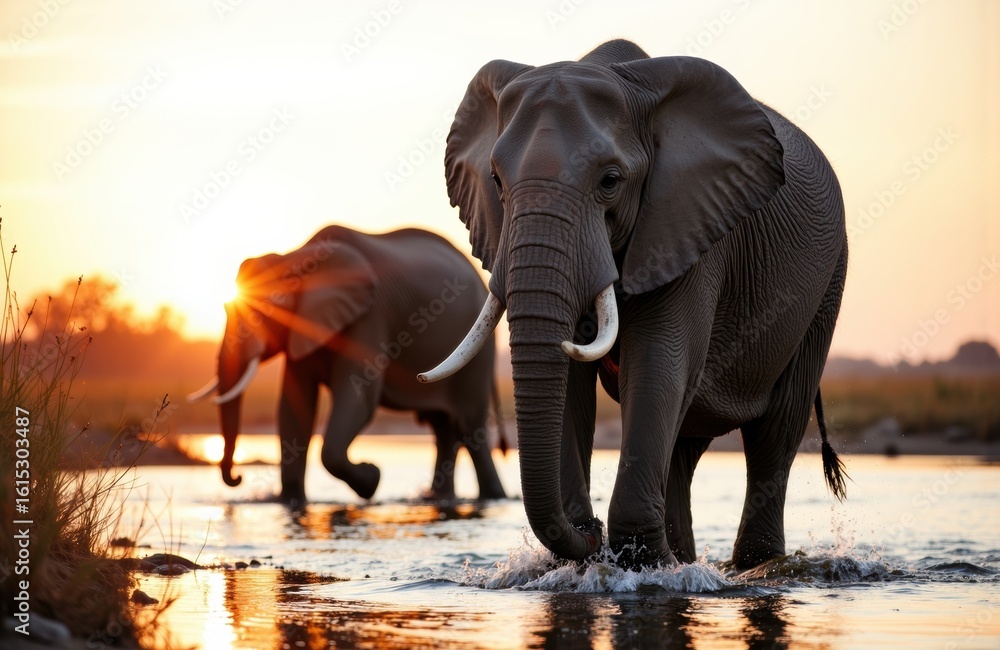 Fototapeta premium Elephants walking through water at sunset in a natural landscape