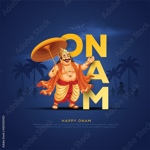South India Kerela festival happy Onam celebration greetings with king mahabali. Creative vector illustration design.