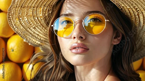 Summer Vibes:  A Stunning Portrait of a Woman in a Straw Hat and Yellow Sunglasses, Surrounded by Oranges