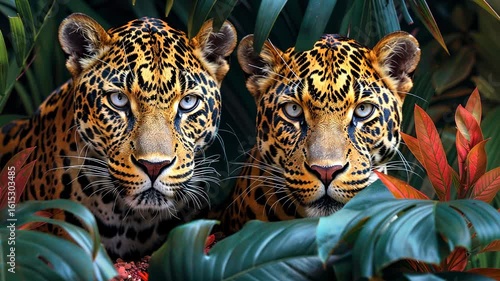Majestic Jaguars in Lush Tropical Foliage