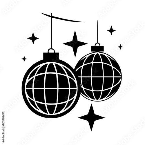 Black disco ball icon with sparkles-Minimalist black silhouette of two disco balls hanging with shining sparkles, symbolizing dance party, nightlife, and celebration atmosphere.