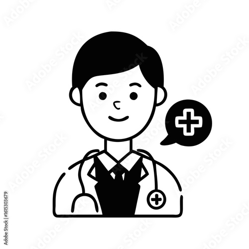 Friendly doctor icon with stethoscope and speech bubble-Black and white illustration of a smiling male doctor with stethoscope and medical cross speech bubble, ideal for health services or apps.