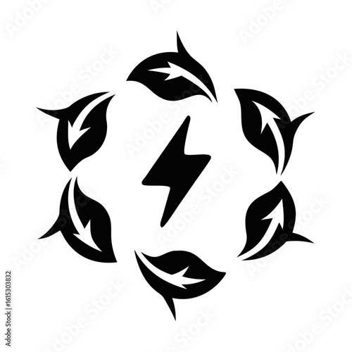 Eco Energy Symbol with Leaves and Lightning-Black silhouette featuring six leaves arranged in a circle around a lightning bolt, representing renewable energy and sustainability.