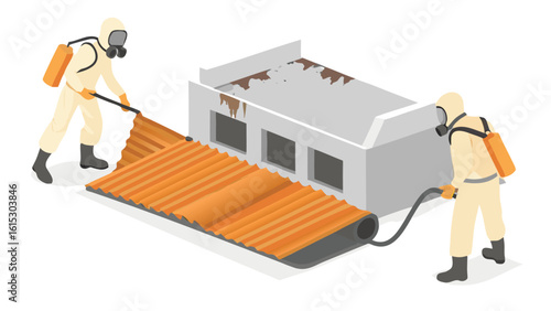 Two workers in hazmat suits removing asbestos from a building with orange corrugated material and equipment