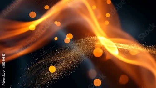 Abstract Golden Dust Waves, Dark Background, Glowing Particles, Bokeh Lights, Orange and Gold Hues, Digital Art, Energetic, Dynamic, Flowing, Mystical, Cosmic, Sparkles, Shimmering, Abstract Art