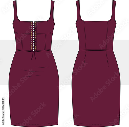 Corset midi Dress technical fashion illustration. Bustier pencil Dress fashion flat technical drawing template, front and back view vector, CAD, mockup.