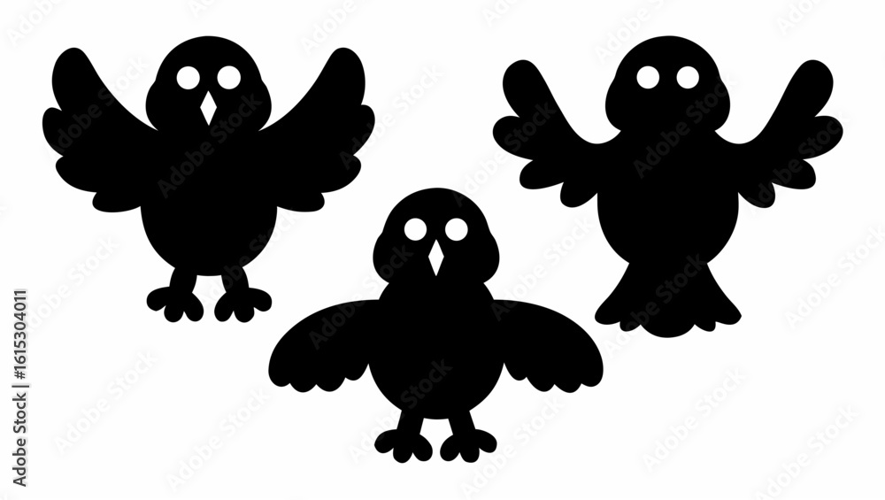 Obraz premium Three black bird silhouettes with wings spread and visible eyes against a white background image view