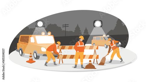Road construction crew working at night with vehicles and safety barriers under spotlights in a scene