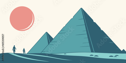 Stylized illustration of ancient egyptian pyramids under a large pink sun with two small figures